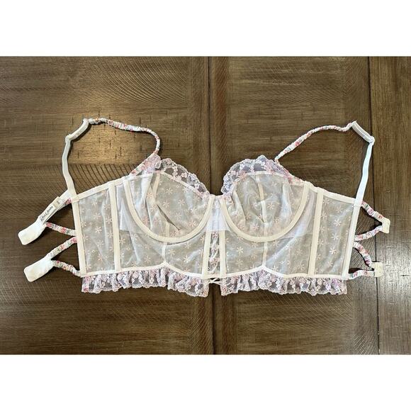 For Love & Lemons Blooms Bustier White Pink Floral Embroidered Lace Size 36D - Picture 15 of 16